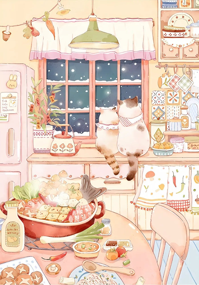 Illustration from Warm Company puzzle featuring two cats watching the snow through the kitchen window with food and hotpot on