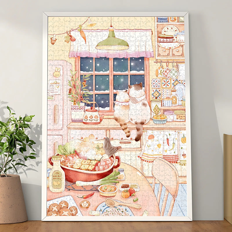 Completed 1000 piece Warm Company puzzle displayed in a frame with detailed cosy winter kitchen illustration.