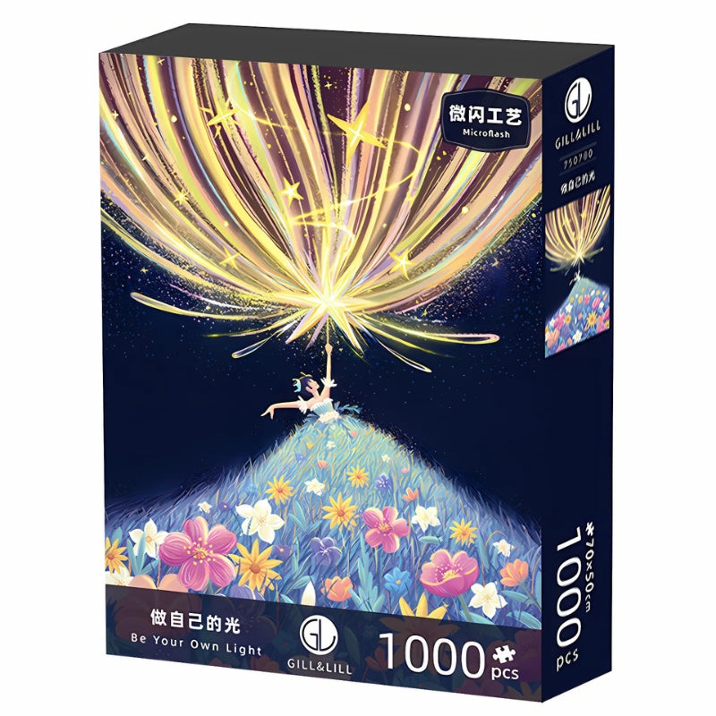 Box image of Be Your Own Light 1000-piece puzzle by Gill & Lill, with floral hill and glowing starburst