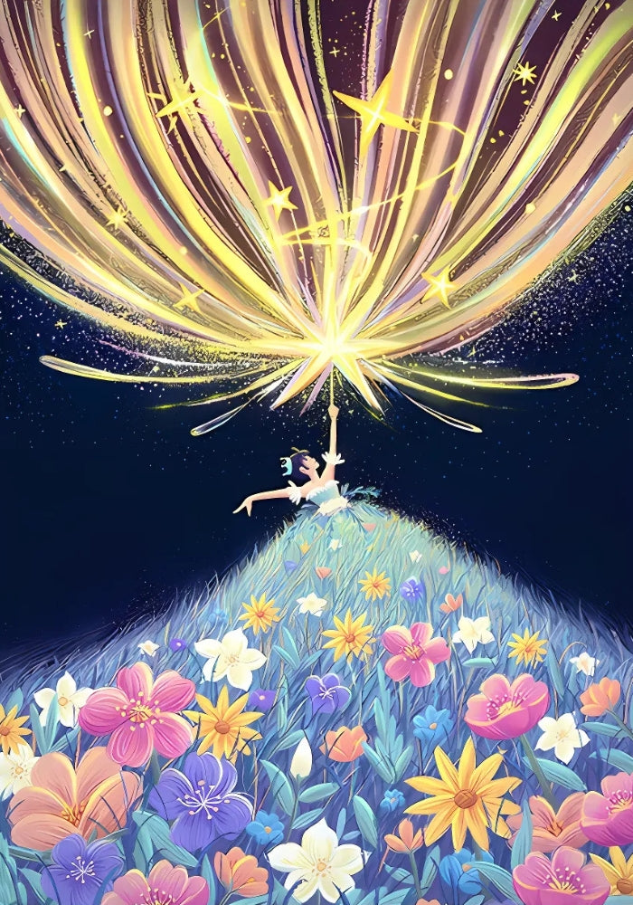 Illustrated art of Be Your Own Light puzzle showing a radiant girl in a dress of wildflowers reaching towards bright light