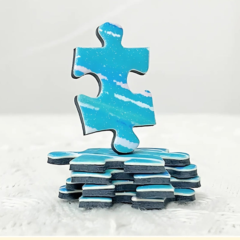 Close-up of a micro-glint blue jigsaw puzzle piece from the Be Your Own Light puzzle