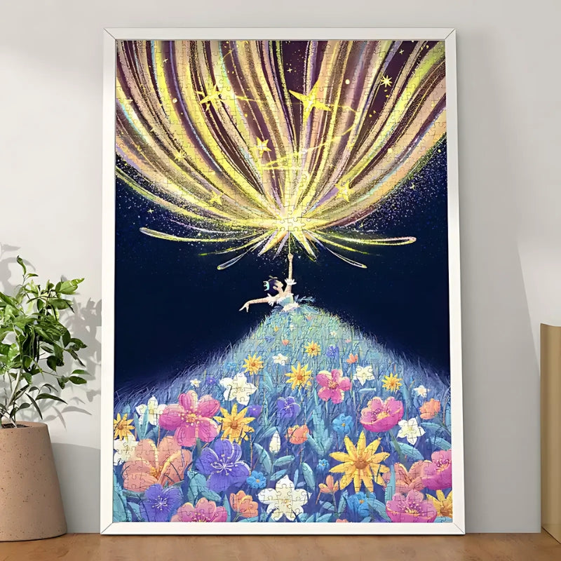 Framed Be Your Own Light puzzle completed, showing a girl standing on a flower hill under golden stars