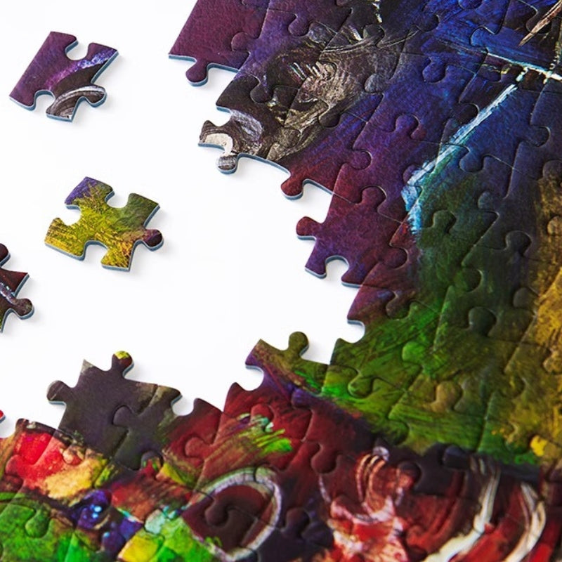 Close-up of Colourful Keytime jigsaw puzzle pieces showing smooth velvet texture and vivid colours.