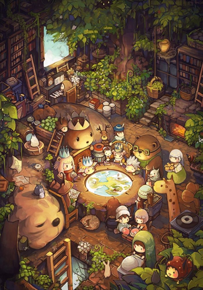 Whimsical illustration from Elves of Forest Keytime puzzle showing elves, animals, and magical forest setting.