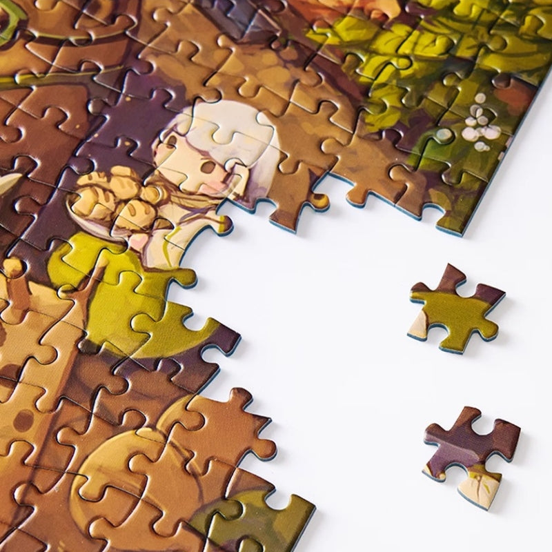 Close-up of puzzle pieces from Elves of Forest showing detailed forest greenery and characters.
