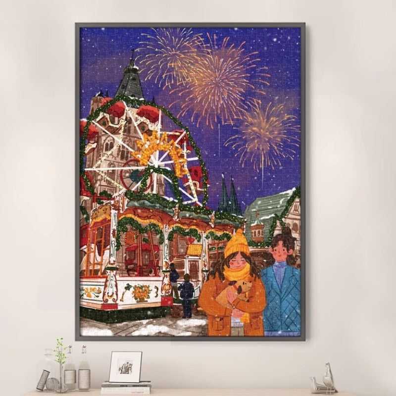 Framed completed Ferris Wheel Keytime 1000 piece jigsaw puzzle showing winter market, fireworks, and Ferris wheel.