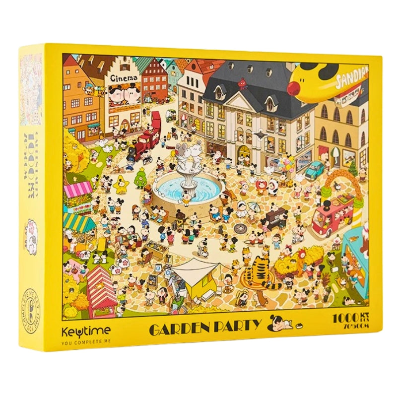 Keytime Garden Party 1000 piece jigsaw puzzle box featuring colourful illustrated town square with fountain, market stalls, and blimp.