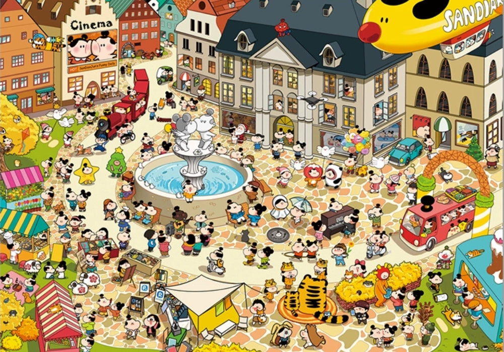 Complete Keytime Garden Party puzzle artwork showing lively town square with characters, fountain, market stalls, and blimp.