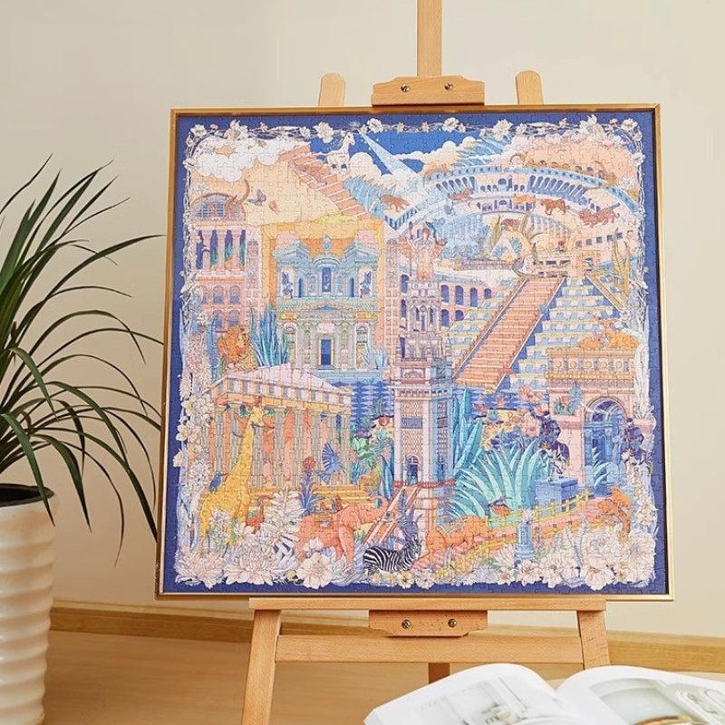 Completed Garden of Eden puzzle framed on easel, showcasing pastel buildings and wildlife in detailed illustration.