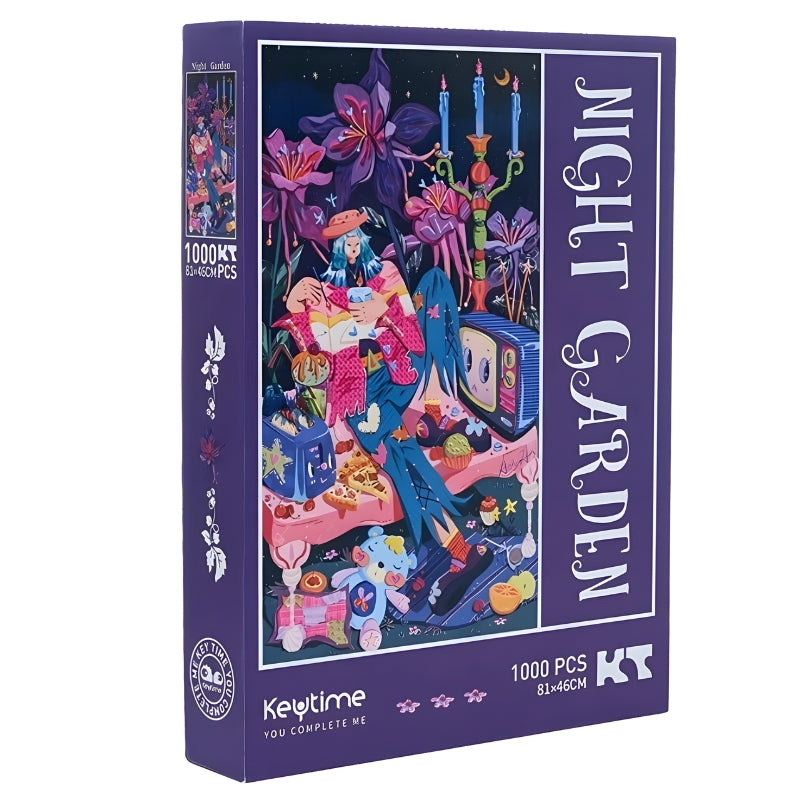 Keytime Night Garden 1000-piece puzzle box with vivid purple design and dreamy artwork.