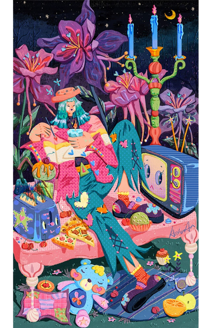 Full illustration of Night Garden puzzle art featuring surreal night flowers, quirky snacks, and a retro TV.