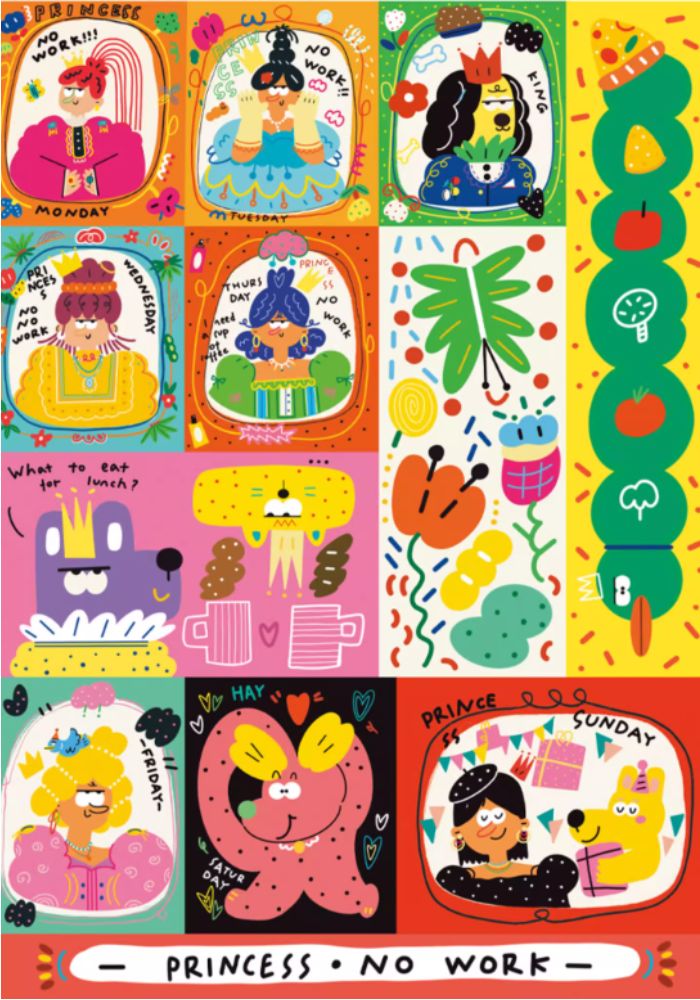 Complete PRINCESS·NO WORK puzzle artwork featuring whimsical princess and character illustrations in bold, vibrant colours.