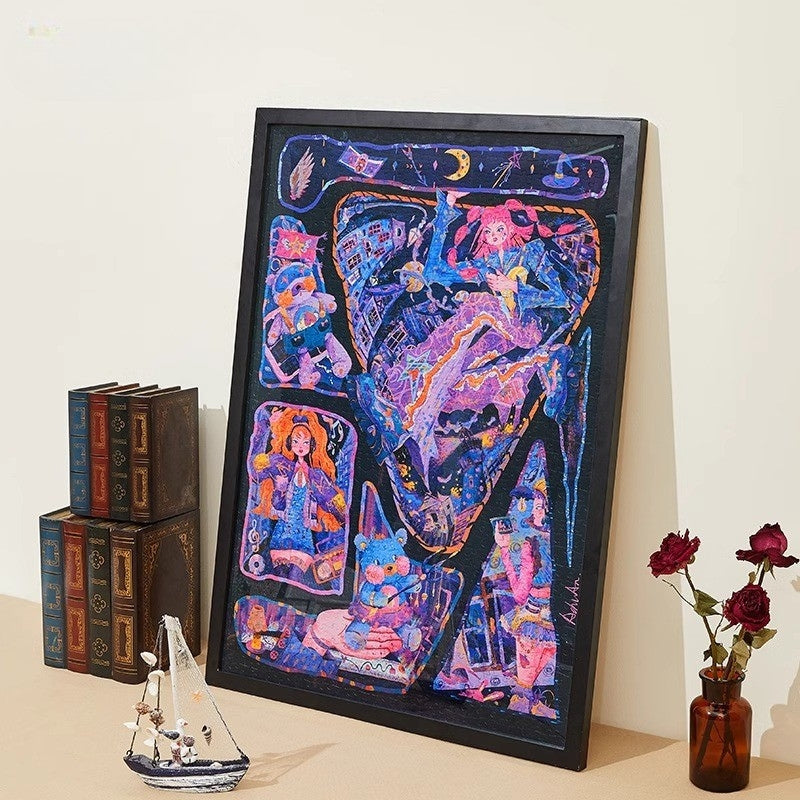 The completed puzzle art displayed in a sleek black frame, leaning against a wall beside vintage books and a small ship ornament.