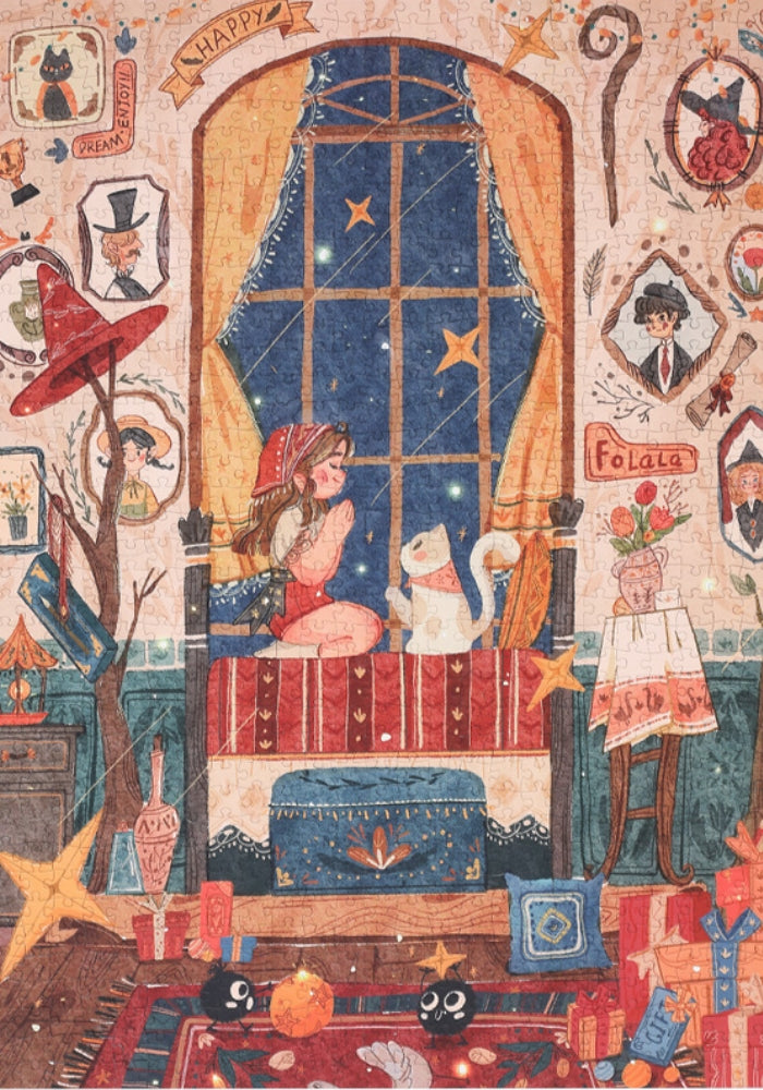 The completed The Witch's Wish puzzle framed in light wood, displayed leaning against a wall. The illustration shows a girl and her cat in a cozy, starry bedroom with whimsical decorations and warm, magical details.