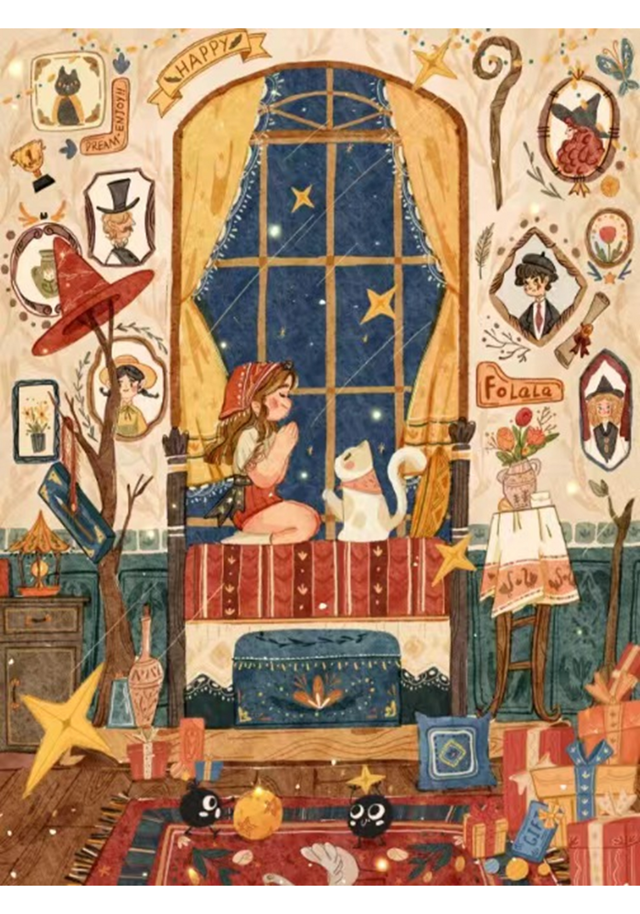 Full illustration of The Witch's Wish puzzle artwork, showing a warm-toned magical bedroom scene. A girl kneels on a bed, hands clasped, facing a white cat, with a star-filled night sky through a large window. The surrounding walls feature portraits, plants, a red witch hat on a stand, and floating golden stars.