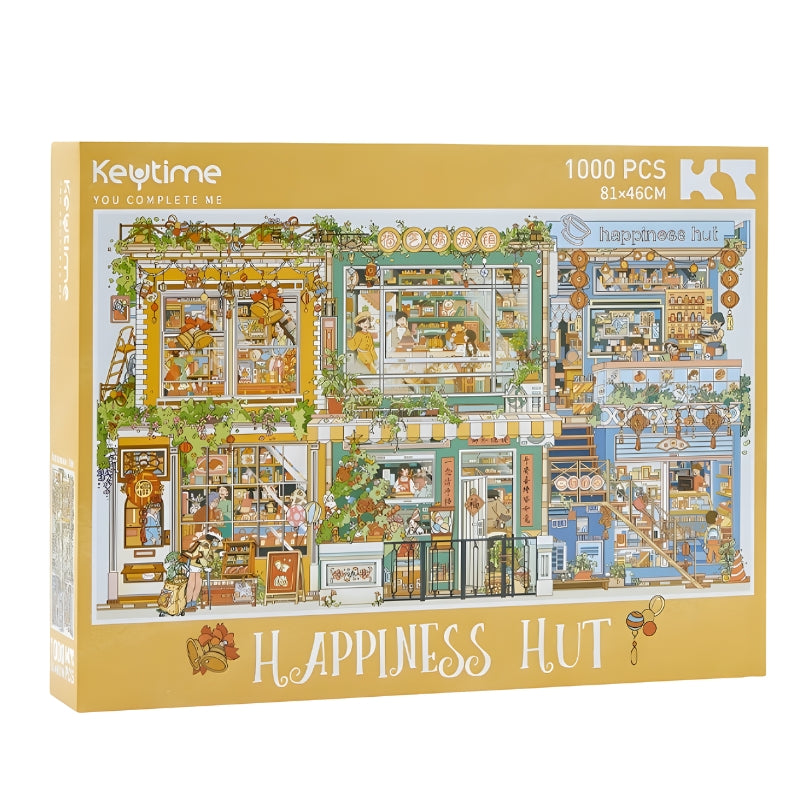 Happiness Hut 1000-piece Keytime puzzle box with colourful illustrated scene of vibrant neighbourhood.