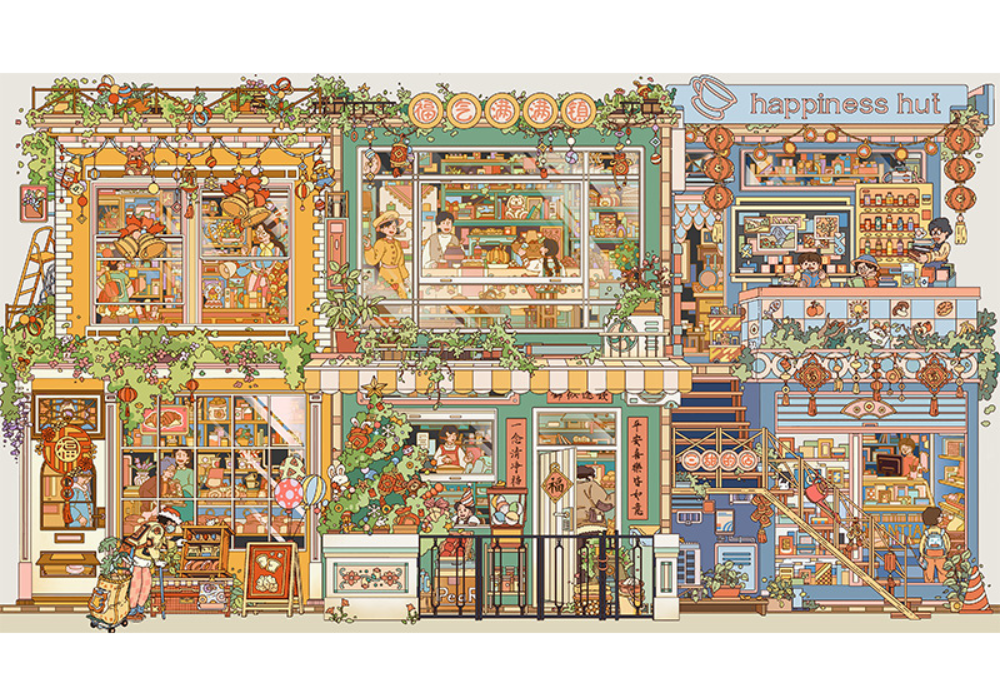 Illustration of Happiness Hut puzzle artwork showing lively street, storefronts, and cheerful characters.