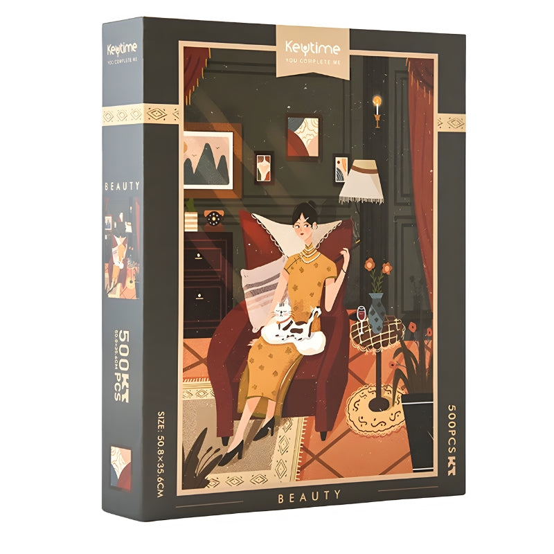 Keytime Beauty 500 piece jigsaw puzzle box featuring vintage artwork of a woman with a cat in a cosy living room.