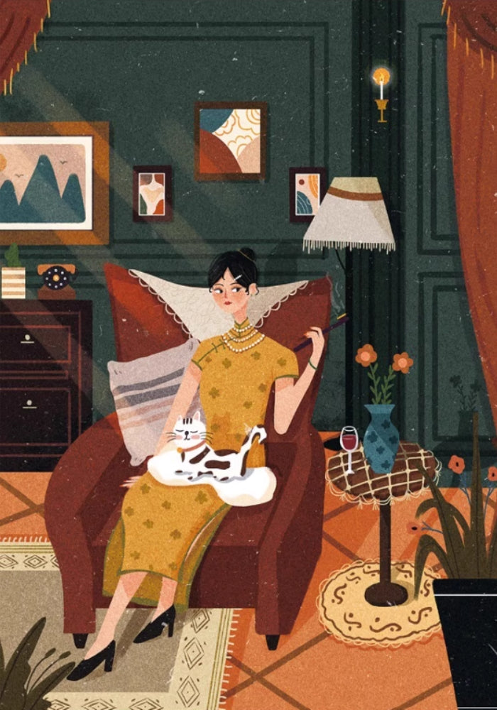 Illustrated jigsaw puzzle artwork of a stylish woman in a mustard dress sitting in a red armchair with a white cat on her lap, in a vintage living room setting.