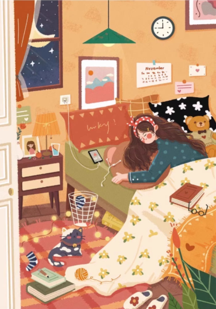 Illustrated jigsaw puzzle artwork of a young woman lying in bed with a phone, surrounded by books, a cat, and warm lighting in a cosy bedroom.