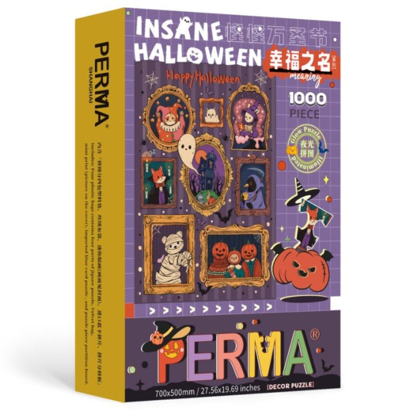 Front angled view of the “Feel The Spooky” PERMA 1000-piece Halloween jigsaw puzzle box with vibrant framed spooky characters.