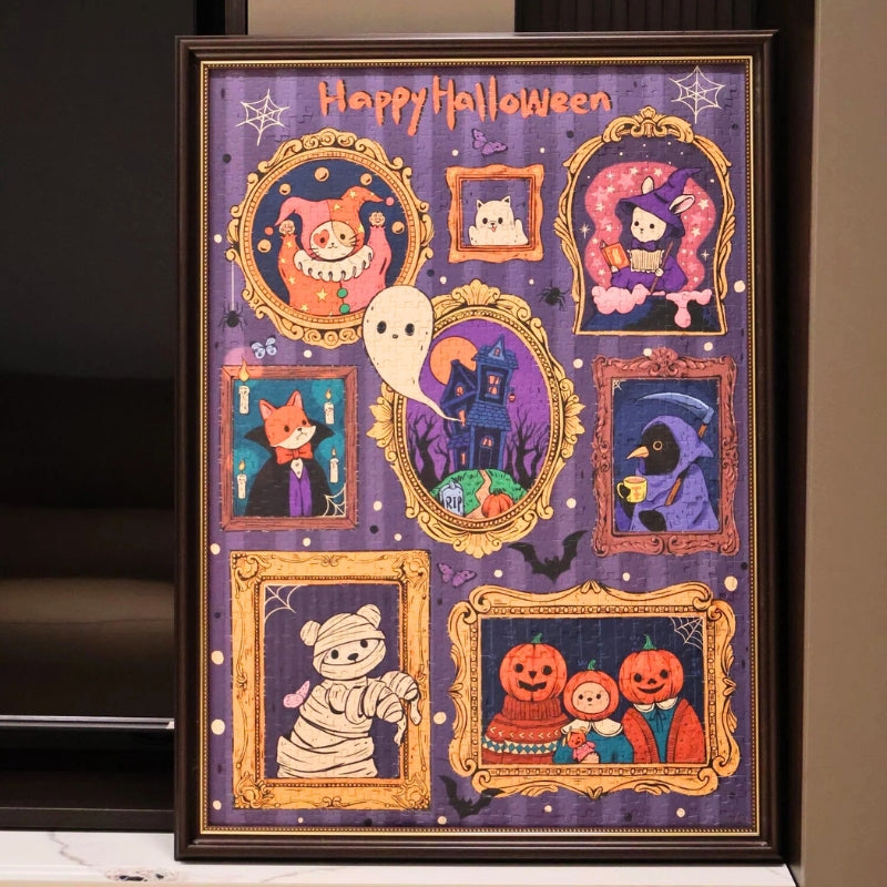 Completed “Feel The Spooky” puzzle framed and displayed vertically with all Halloween portraits visible.