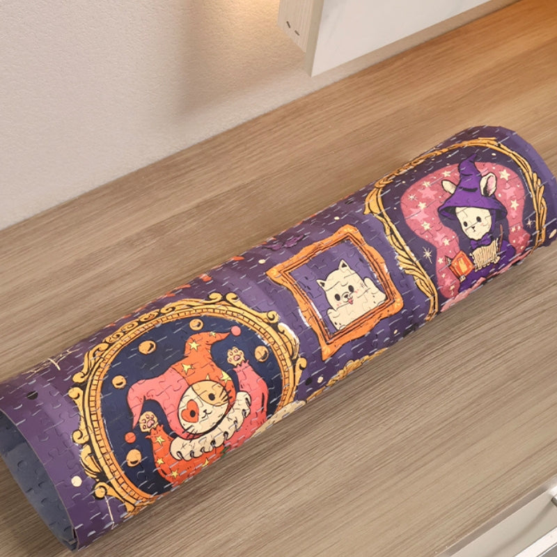 Rolled-up completed puzzle demonstrating easy storage and flexible cardboard quality.