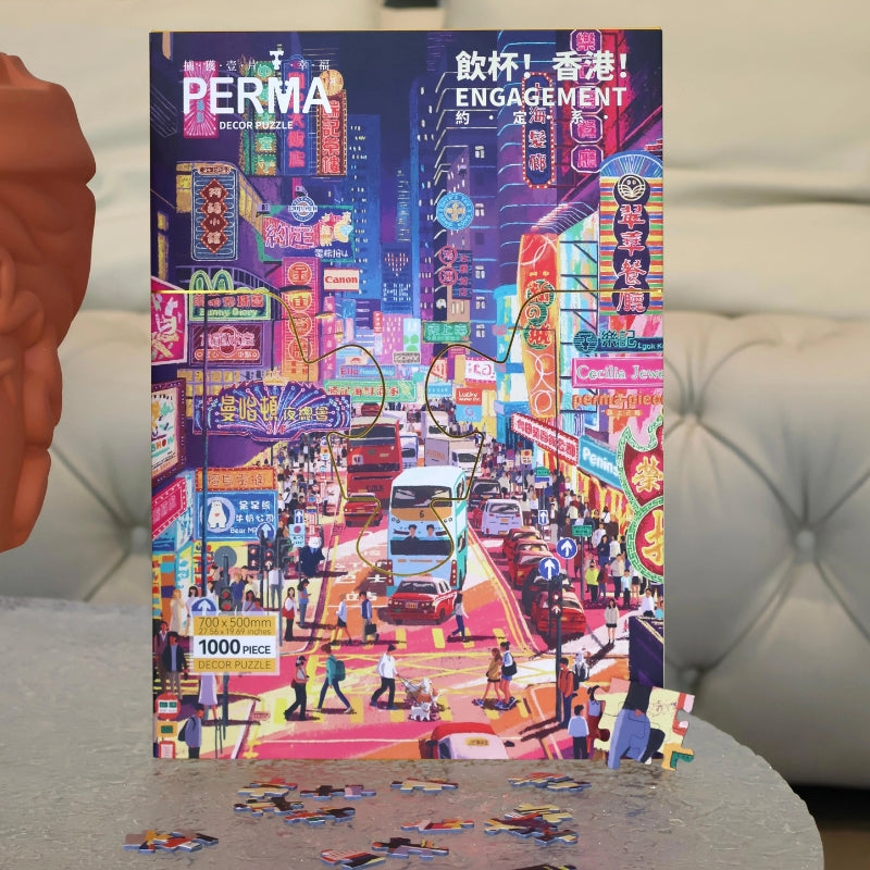 Front view of the puzzle’s decorative reference board featuring the full neon Hong Kong street scene.