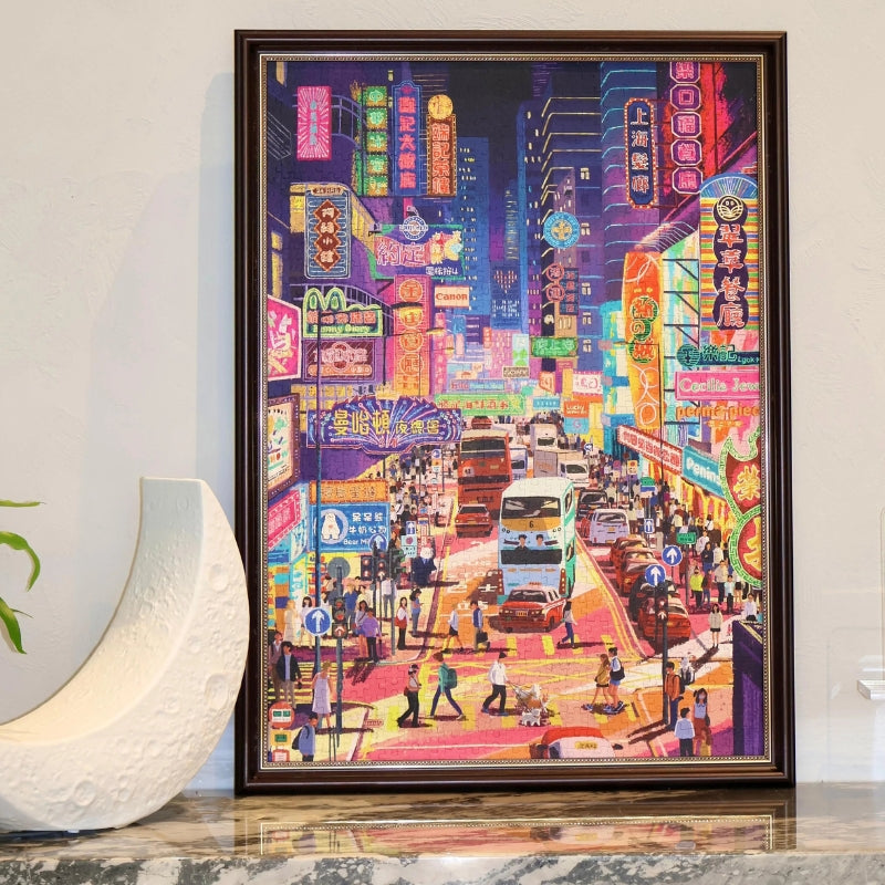 Completed and framed “Salute Hong Kong” 1000-piece puzzle displayed vertically as vibrant wall art.