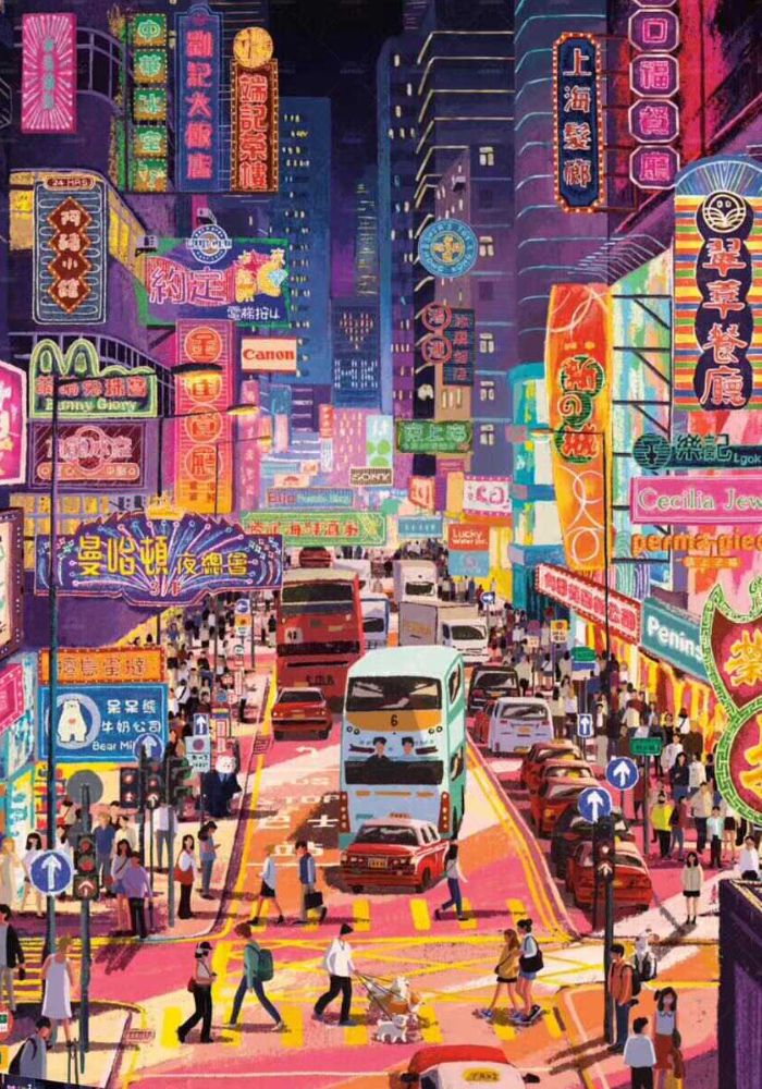 Artwork view of the “Salute Hong Kong” PERMA puzzle showing a bustling neon-lit Hong Kong street with buses, cars, and pedestrians.