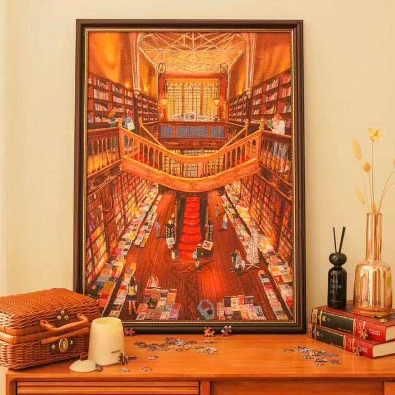 Completed Livraria Lello puzzle framed and displayed on a wooden table with soft warm lighting.