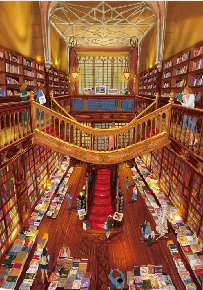 Illustrated puzzle image of the grand Livraria Lello vintage bookstore with red carpeted stairs, golden railings, and full bookshelves.