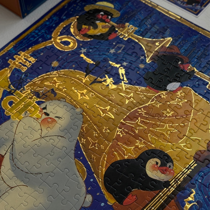 Close-up of Blues Night jigsaw puzzle showing golden foil accents on the gramophone and instruments.