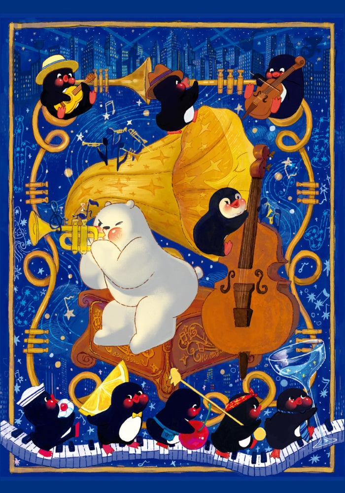 Blues Night puzzle artwork of bear and penguins playing jazz instruments with golden gramophone and city skyline.