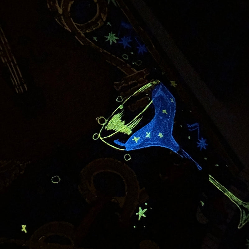 Close-up of Blues Night puzzle glowing in the dark with neon yellow and green musical instrument outlines.