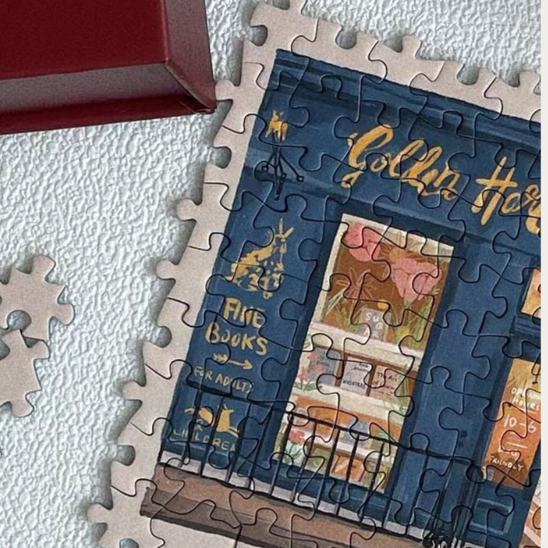 Close-up of assembled Golden Hare Books puzzle pieces showing bookstore details.
