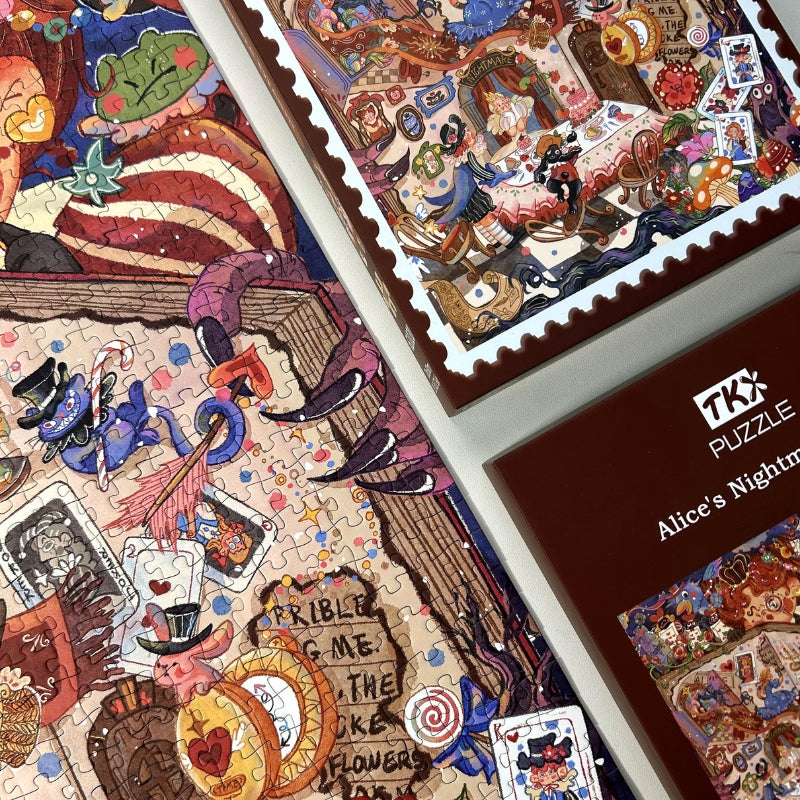 Close-up of the Alice’s Nightmare Dream puzzle pieces alongside the box, highlighting the colorful artwork and tactile velvet finish.