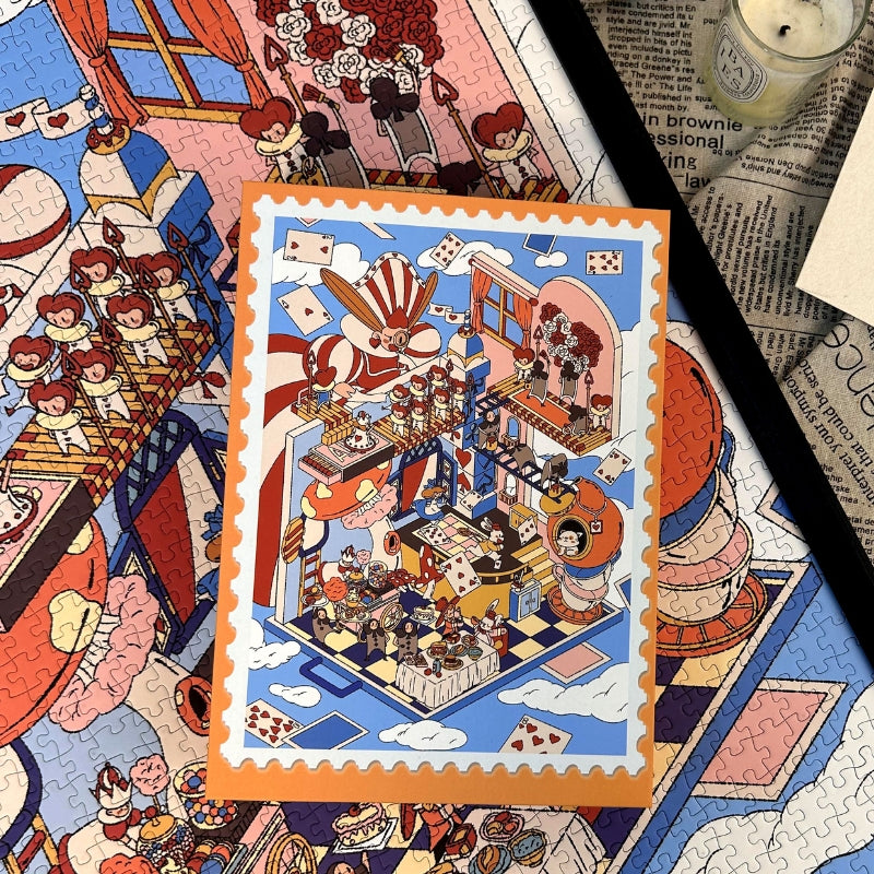 Postcard-sized artwork of Alice’s Wonderland puzzle placed on the completed puzzle surface with vivid detail.