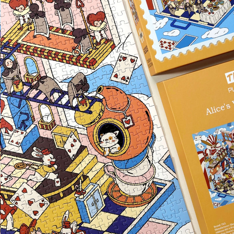 Top-down view of the completed Alice’s Wonderland puzzle displaying intricate scenes and playful characters in a fantasy world.