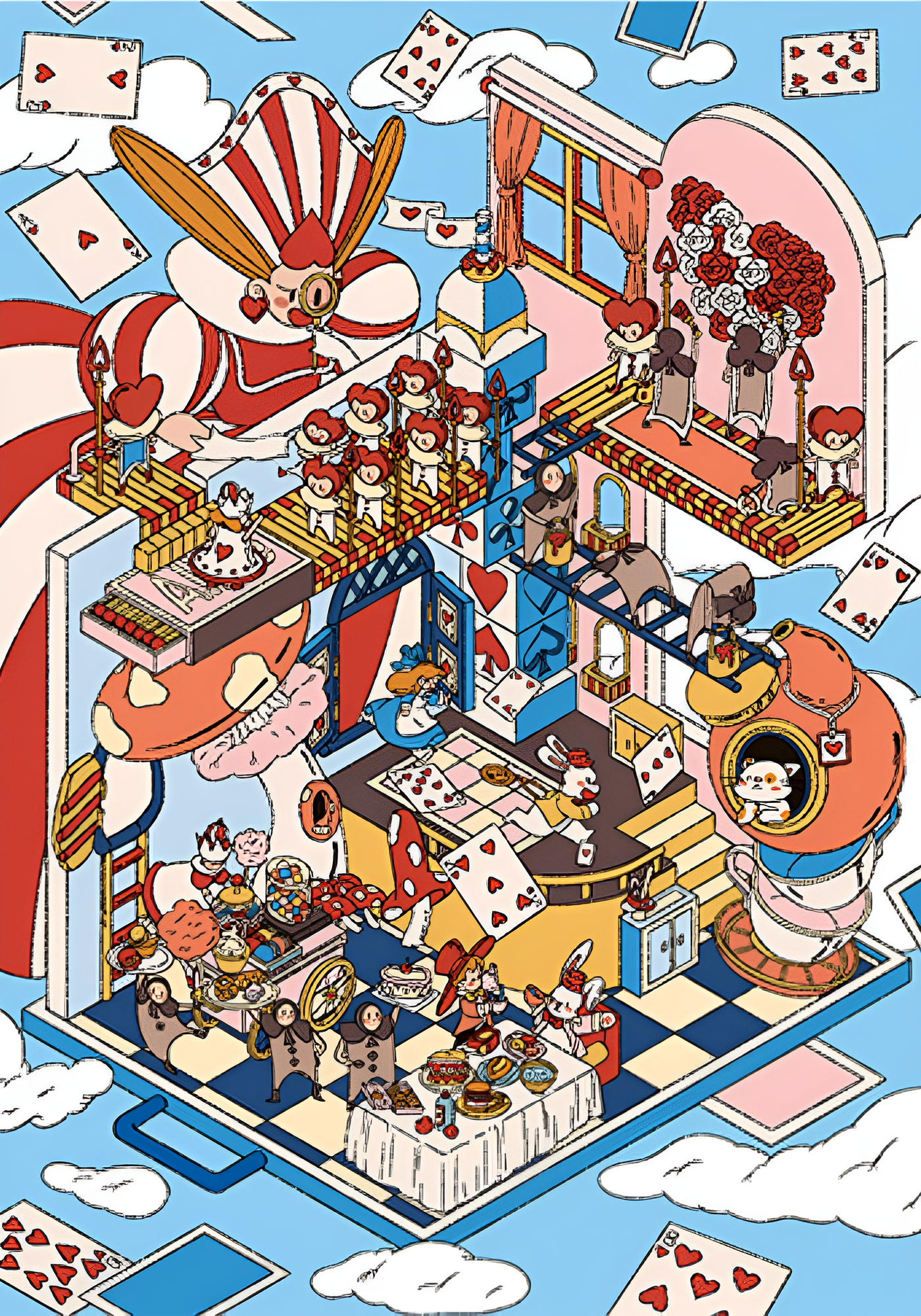 Postcard-sized artwork of Alice’s Wonderland puzzle placed on the completed puzzle surface with vivid detail.