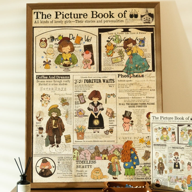 Completed Autumn Fantasia puzzle framed on the wall, featuring charming vintage-style illustrations of girls and autumn scenes with warm colors.
