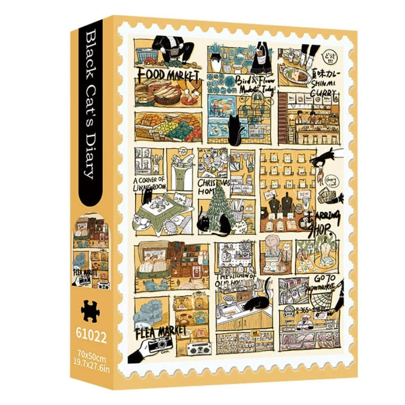 Puzzle box of Black Cat’s Diary showing a collage of whimsical scenes with black cats in various settings including markets and shops.