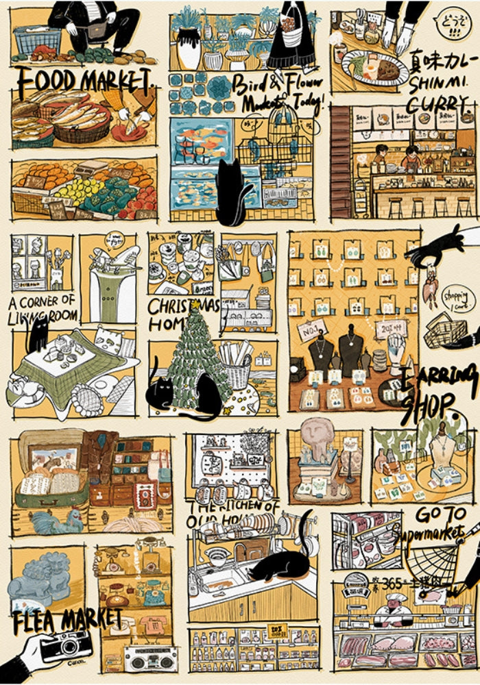 Detailed close-up of the Black Cat’s Diary puzzle artwork, highlighting cats interacting with items in colorful, lively scenes.