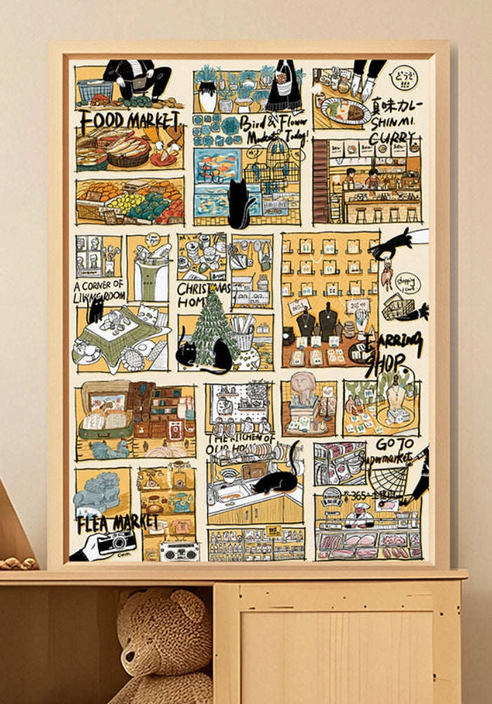 Completed Black Cat’s Diary puzzle framed on a wall, showcasing multiple illustrated panels featuring black cats and daily life scenes.