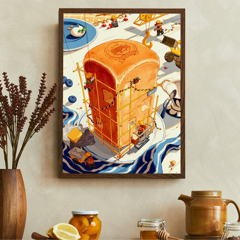 Framed completed Bready Quest puzzle hanging on a kitchen wall, showcasing the detailed bread-building scene.