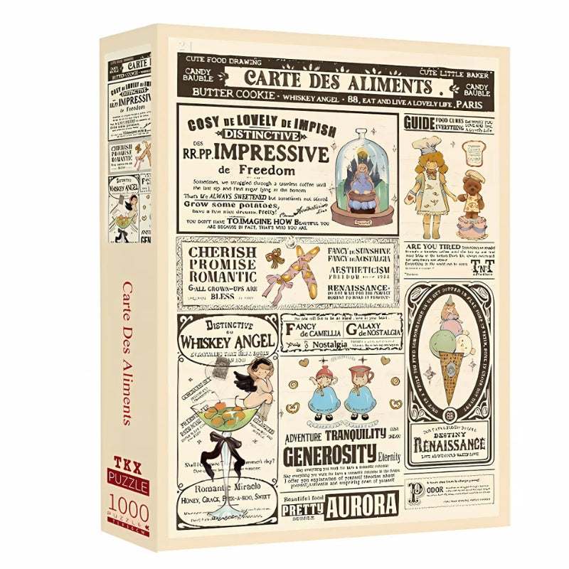 Puzzle box of Carte Des Aliments showing vintage food-themed artwork with playful characters and typography on the front and side.