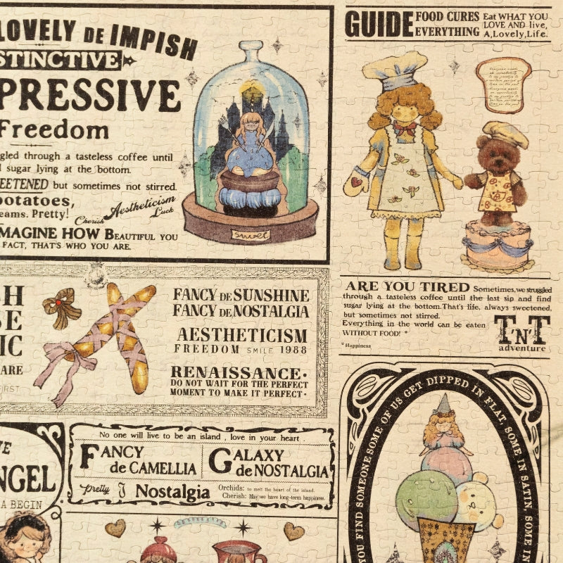 Close-up of the Carte Des Aliments puzzle surface, highlighting detailed food illustrations and charming characters in a vintage style.