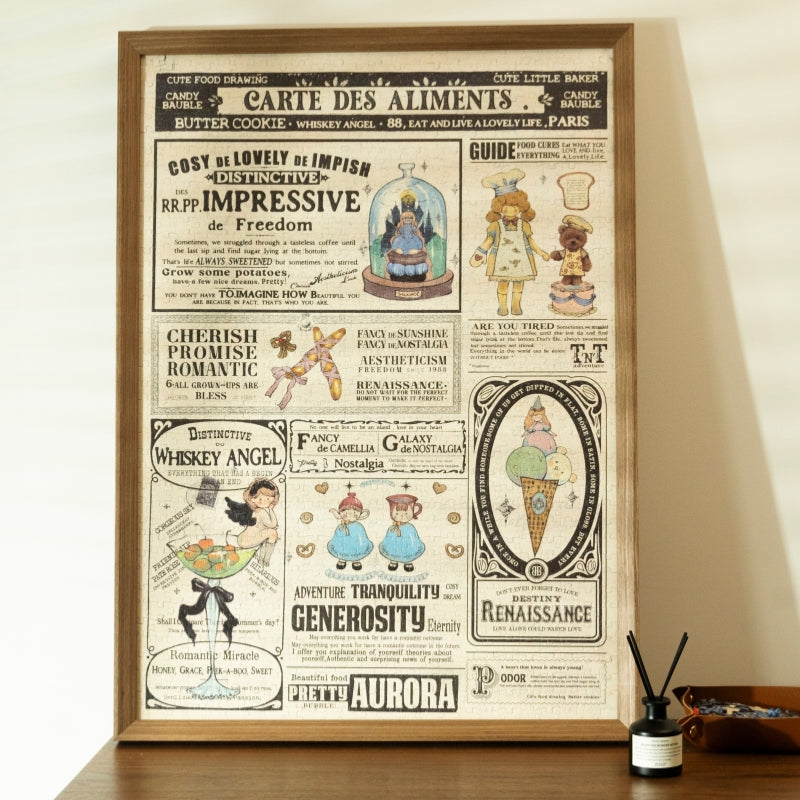 Completed Carte Des Aliments puzzle framed on the wall, showcasing the full collage of food-themed vintage illustrations with a subtle glitter finish.