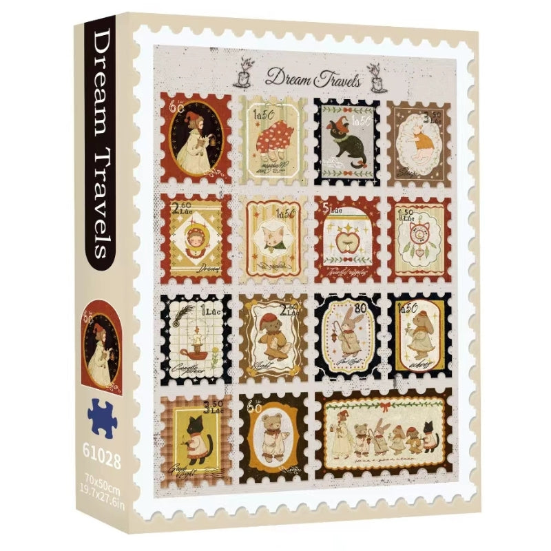TKX Dream Travels 1000-piece puzzle box designed like a stamp sheet with nostalgic characters and velvet finish