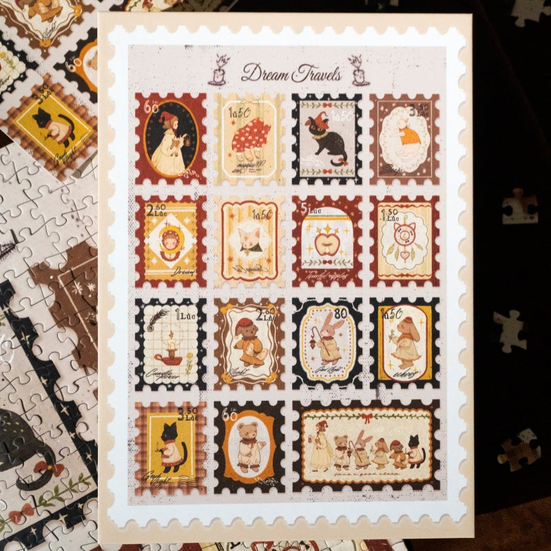 Dream Travels puzzle in progress with whimsical stamp graphics and warm color palette